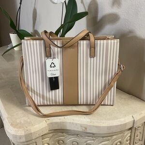 Tahari Pink & White Striped Tote with Tan Trim